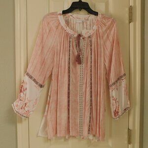 NEW DIRECTION Women Tunic Boho Peasant Blouse Pink White Floral Size L